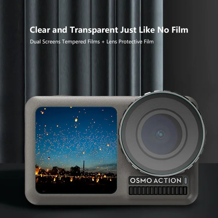 Objectif PULUZ + Film de protection en verre trempé 9H 2.5D pour écran LCD avant et arrière (compatible DJI Osmo Action)