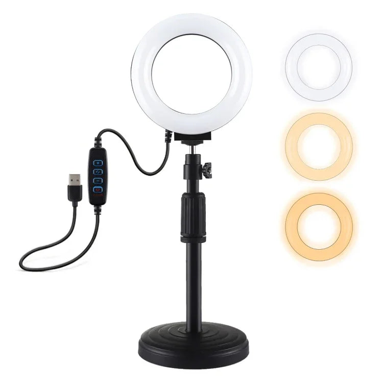 Support de bureau rond PULUZ + anneau lumineux LED USB de 12 cm (4,7 pouces) à 3 modes et intensité variable, idéal pour le vlogging et les vidéos. Hauteur réglable : 15,5 à 25,5 cm.