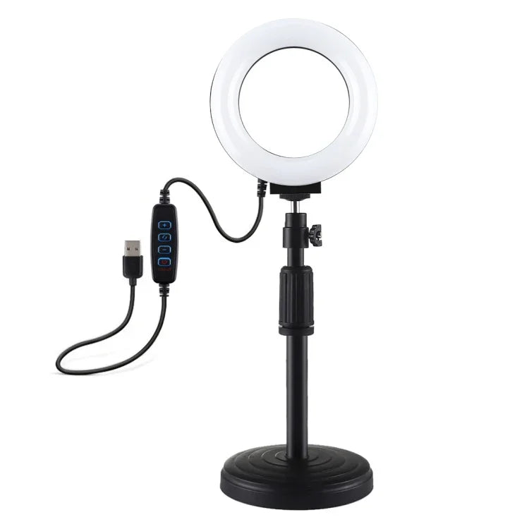 Support de bureau rond PULUZ + anneau lumineux LED USB de 12 cm (4,7 pouces) à 3 modes et intensité variable, idéal pour le vlogging et les vidéos. Hauteur réglable : 15,5 à 25,5 cm.