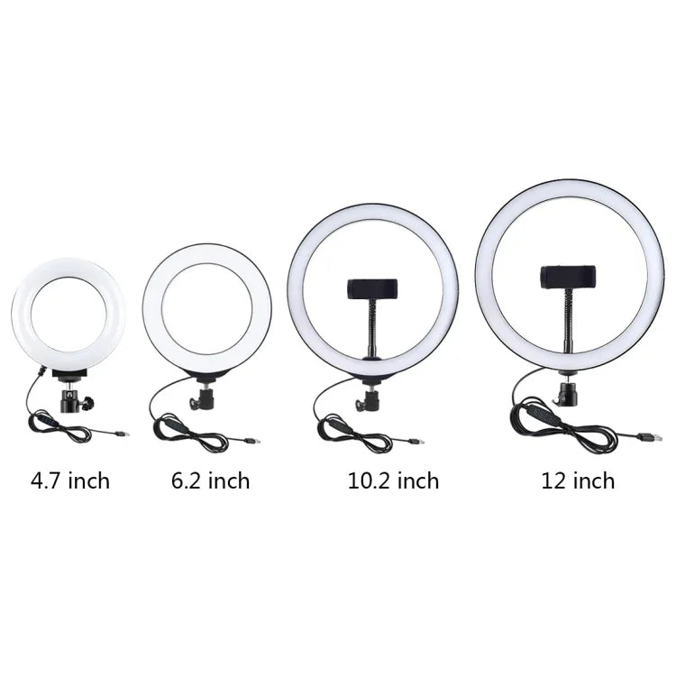 Support de bureau rond PULUZ + anneau lumineux LED USB de 12 cm (4,7 pouces) à 3 modes et intensité variable, idéal pour le vlogging et les vidéos. Hauteur réglable : 15,5 à 25,5 cm.
