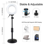 Support de bureau rond PULUZ + anneau lumineux LED USB de 12 cm (4,7 pouces) à 3 modes et intensité variable, idéal pour le vlogging et les vidéos. Hauteur réglable : 15,5 à 25,5 cm.