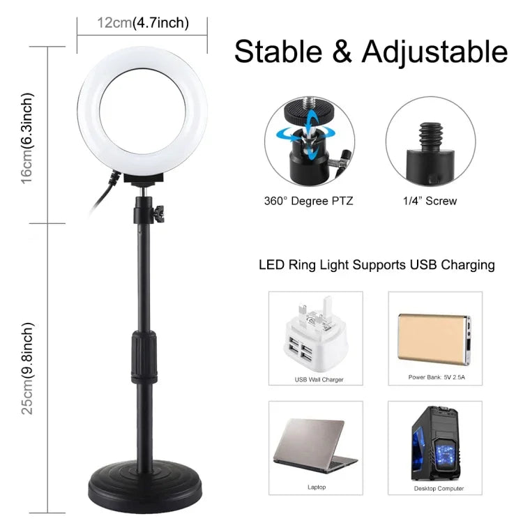 Support de bureau rond PULUZ + anneau lumineux LED USB de 12 cm (4,7 pouces) à 3 modes et intensité variable, idéal pour le vlogging et les vidéos. Hauteur réglable : 15,5 à 25,5 cm.
