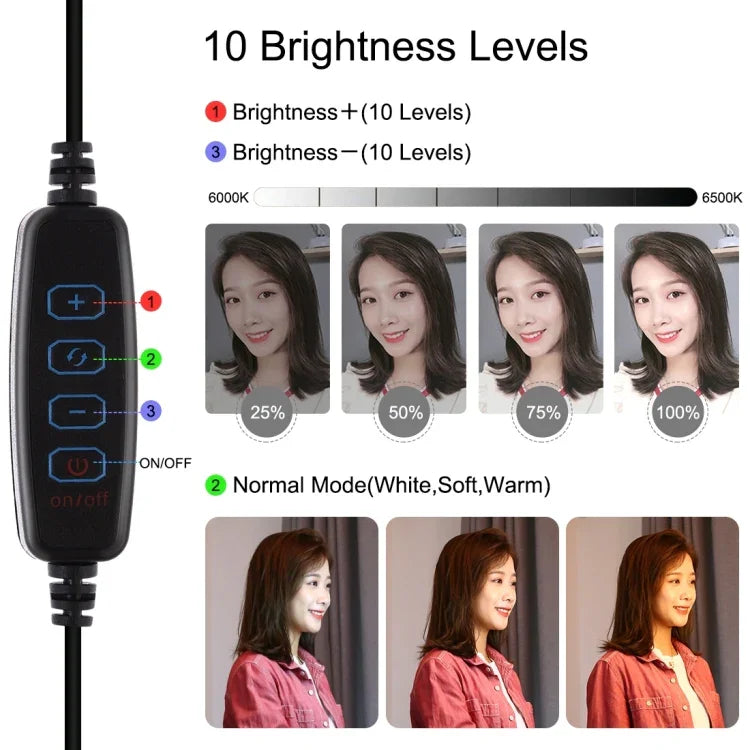 Support de bureau rond PULUZ + anneau lumineux LED USB de 12 cm (4,7 pouces) à 3 modes et intensité variable, idéal pour le vlogging et les vidéos. Hauteur réglable : 15,5 à 25,5 cm.
