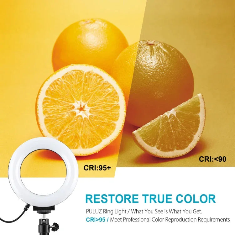 Support de bureau rond PULUZ + anneau lumineux LED USB de 12 cm (4,7 pouces) à 3 modes et intensité variable, idéal pour le vlogging et les vidéos. Hauteur réglable : 15,5 à 25,5 cm.