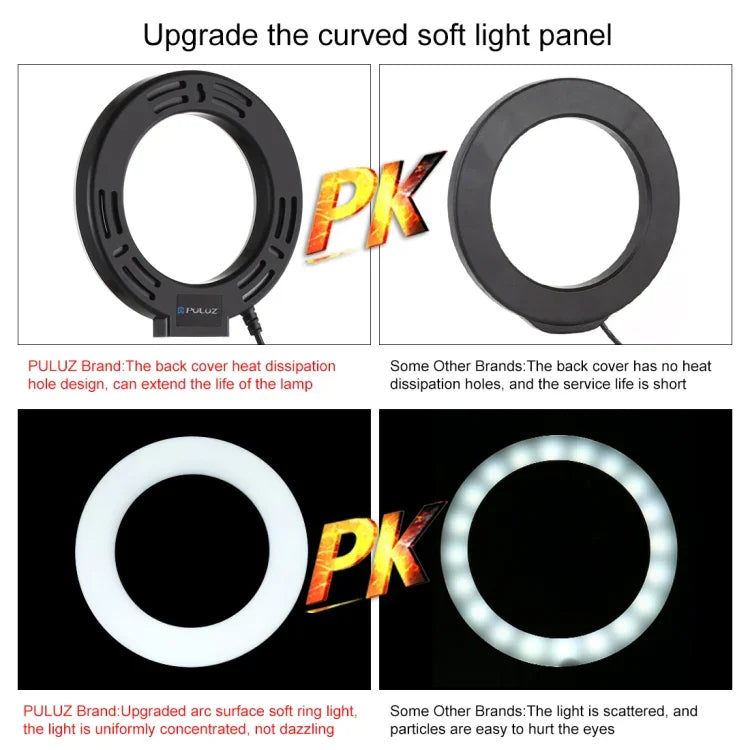 Support de bureau rond PULUZ + anneau lumineux LED USB de 12 cm (4,7 pouces) à 3 modes et intensité variable, idéal pour le vlogging et les vidéos. Hauteur réglable : 15,5 à 25,5 cm.