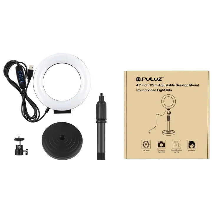 Support de bureau rond PULUZ + anneau lumineux LED USB de 12 cm (4,7 pouces) à 3 modes et intensité variable, idéal pour le vlogging et les vidéos. Hauteur réglable : 15,5 à 25,5 cm.