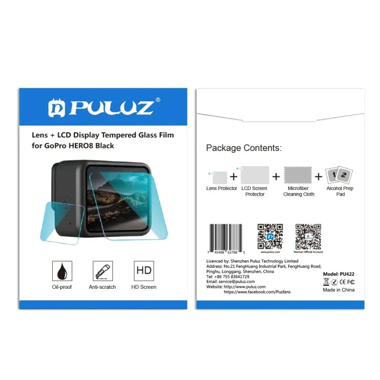 PULUZ pour GoPro HERO8 Black : Objectif + Écran LCD, Film de Protection en Verre Trempé 9H 2.5D, Compatible GoPro HERO8 Black