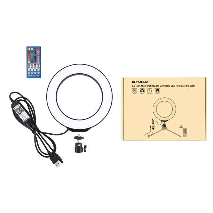 PULUZ Anneau LED RGBW dimmable USB 6,2 pouces 16 cm Lumières vidéo photo vlog avec tête de trépied à rotule et télécommande, 6,2 pouces RGBW / Télécommande