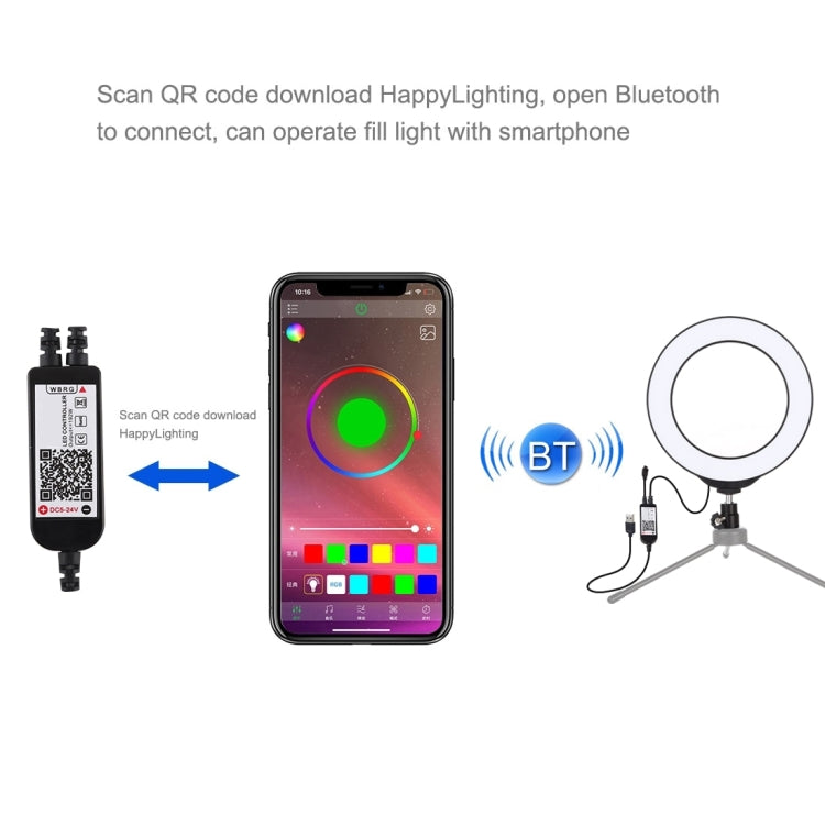 PULUZ Anneau LED RGBW dimmable USB 6,2 pouces 16 cm Lumières vidéo photo vlog avec tête de trépied à rotule et télécommande, 6,2 pouces RGBW / Télécommande