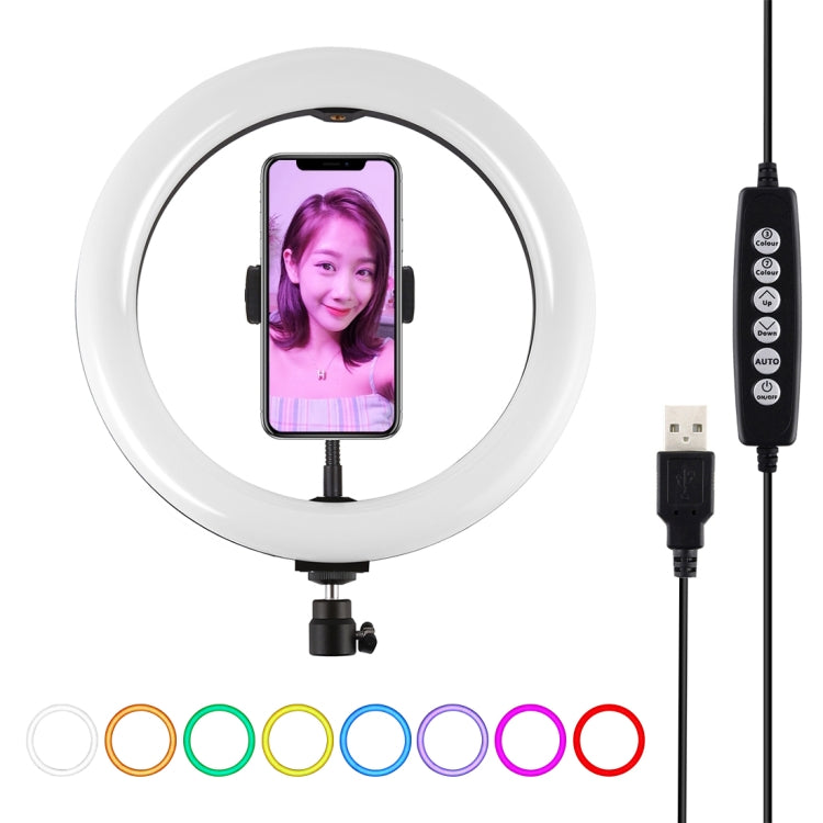 PULUZ Anneau LED RGBW dimmable USB 10,2 pouces 26 cm 10 modes 8 couleurs Lumières vidéo photo vlog avec tête de trépied à rotule, sabot froid et pince téléphone, 10,2 pouces RGBW