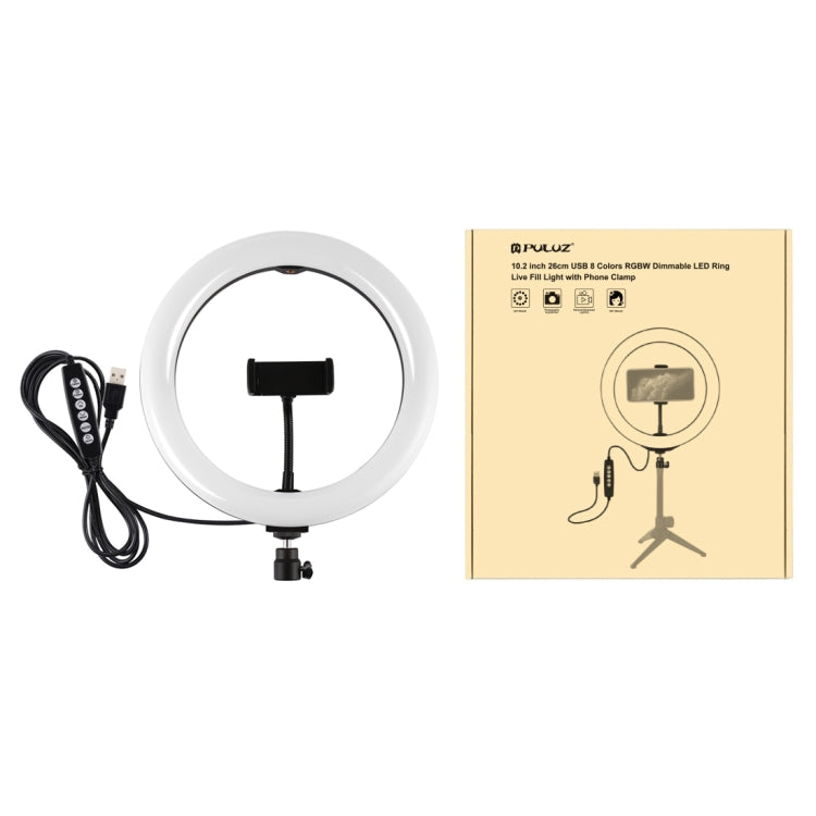 PULUZ Anneau LED RGBW dimmable USB 10,2 pouces 26 cm 10 modes 8 couleurs Lumières vidéo photo vlog avec tête de trépied à rotule, sabot froid et pince téléphone, 10,2 pouces RGBW