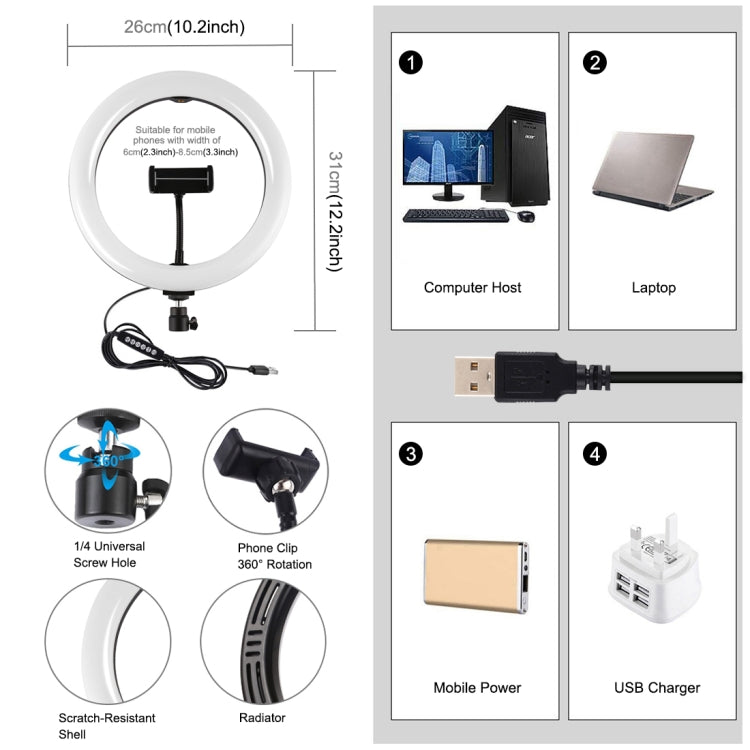 PULUZ Anneau LED RGBW dimmable USB 10,2 pouces 26 cm 10 modes 8 couleurs Lumières vidéo photo vlog avec tête de trépied à rotule, sabot froid et pince téléphone, 10,2 pouces RGBW