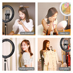 PULUZ Anneau LED RGBW dimmable USB 10,2 pouces 26 cm 10 modes 8 couleurs Lumières vidéo photo vlog avec tête de trépied à rotule, sabot froid et pince téléphone, 10,2 pouces RGBW