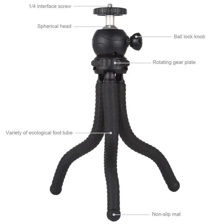 PULUZ Mini trépied flexible Octopus avec rotule pour appareils photo reflex, GoPro, téléphones portables, taille : 25 cm x 4,5 cm, trépied de 25 cm