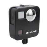 Boîtier de protection PULUZ pour GoPro Fusion, en alliage d'aluminium usiné CNC, avec fixation de base et capuchons d'objectif.