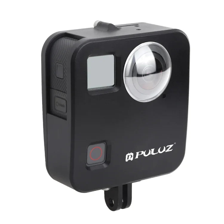 Boîtier de protection PULUZ pour GoPro Fusion, en alliage d'aluminium usiné CNC, avec fixation de base et capuchons d'objectif.