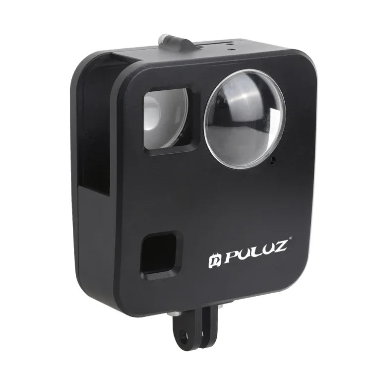Boîtier de protection PULUZ pour GoPro Fusion, en alliage d'aluminium usiné CNC, avec fixation de base et capuchons d'objectif.
