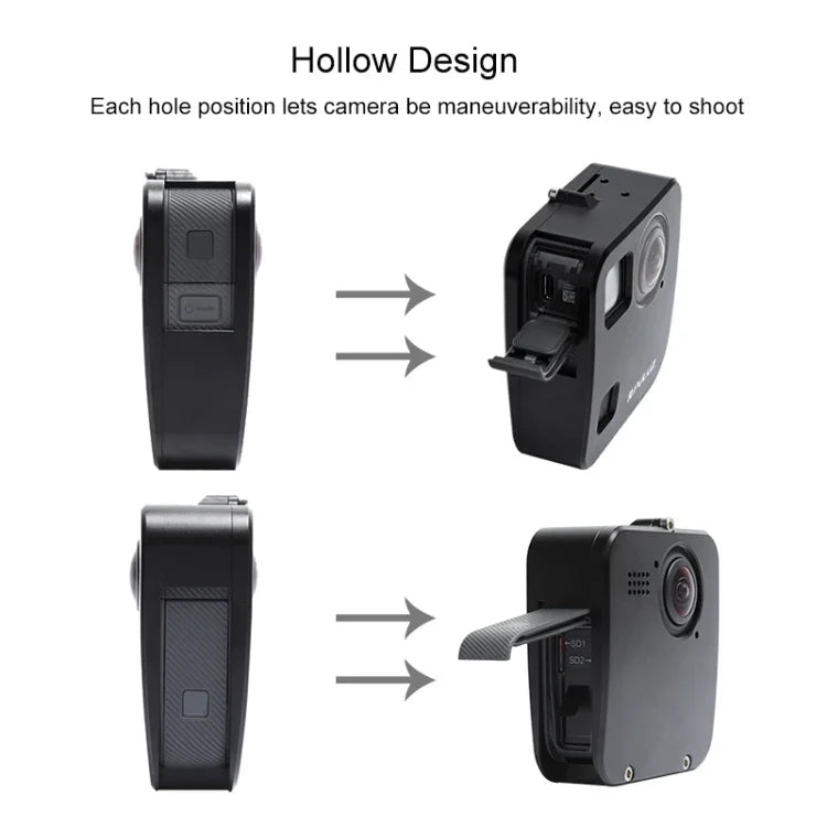 Boîtier de protection PULUZ pour GoPro Fusion, en alliage d'aluminium usiné CNC, avec fixation de base et capuchons d'objectif.