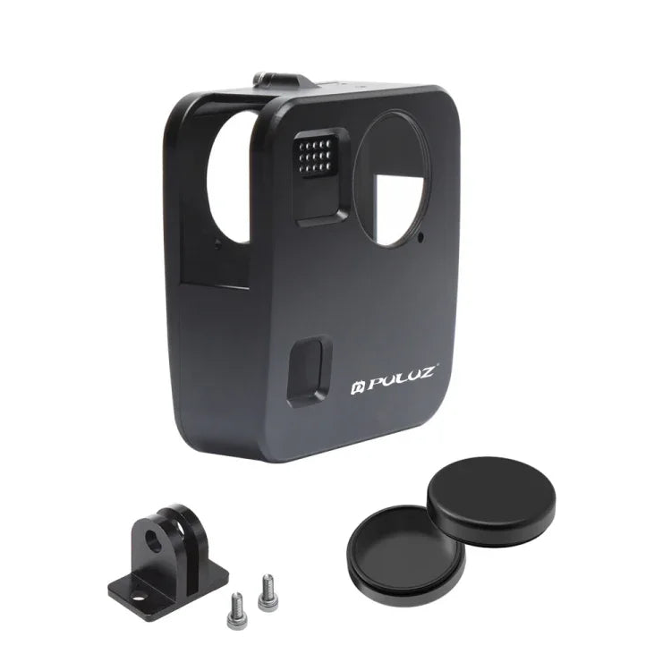 Boîtier de protection PULUZ pour GoPro Fusion, en alliage d'aluminium usiné CNC, avec fixation de base et capuchons d'objectif.