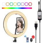 PULUZ Anneau LED RGBW dimmable USB 10,2 pouces 26 cm surface courbe Lumières vidéo photo vlog avec tête de trépied à rotule, télécommande et pince téléphone, 10,2 pouces RGBW