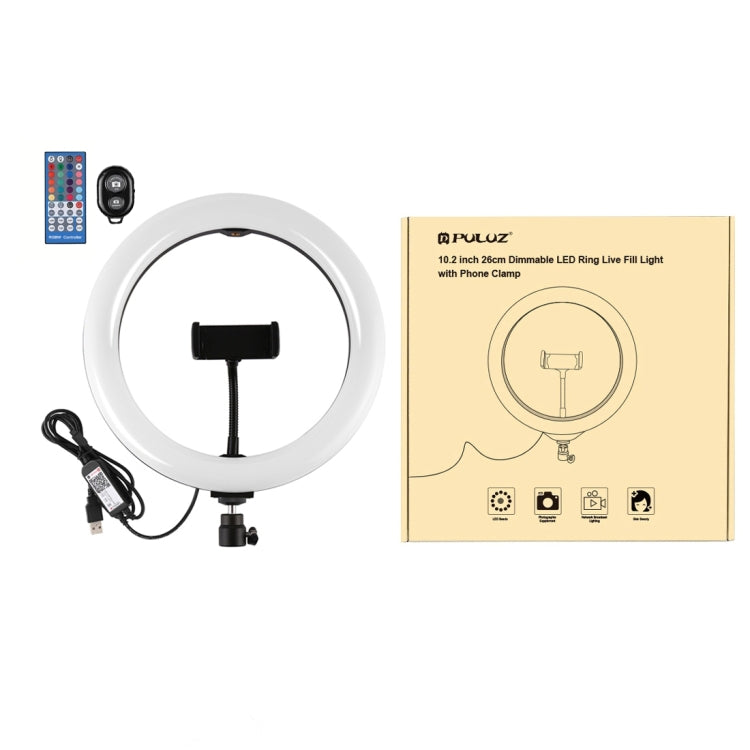 PULUZ Anneau LED RGBW dimmable USB 10,2 pouces 26 cm surface courbe Lumières vidéo photo vlog avec tête de trépied à rotule, télécommande et pince téléphone, 10,2 pouces RGBW