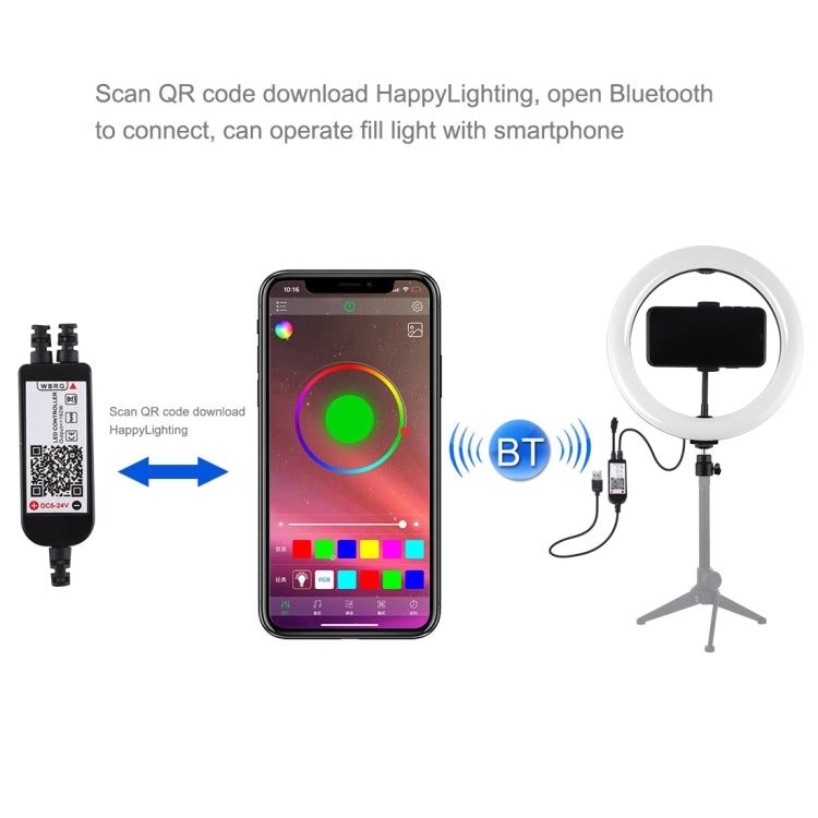 PULUZ Anneau LED RGBW dimmable USB 10,2 pouces 26 cm surface courbe Lumières vidéo photo vlog avec tête de trépied à rotule, télécommande et pince téléphone, 10,2 pouces RGBW