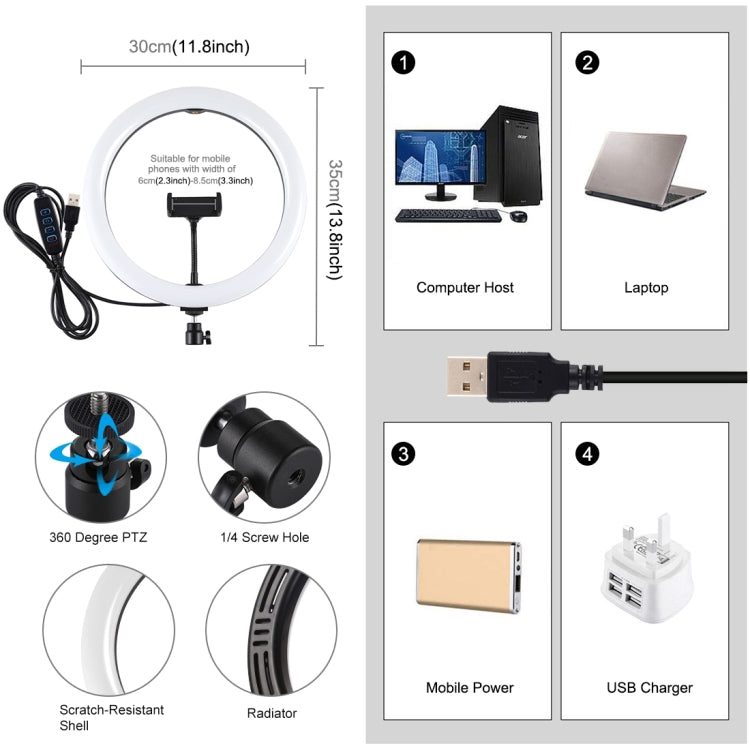 PULUZ Anneau lumineux LED diffus courbé USB 11,8 pouces 30 cm 3 modes température de couleur double Lumières vidéo selfie vlog avec pince téléphone, 11,8 pouces