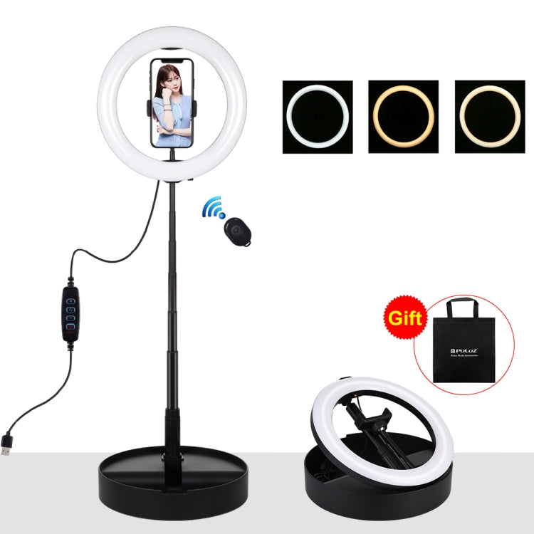 PULUZ Lumières vidéo LED anneau incurvé 10,2 pouces 26cm USB 3 modes, température de couleur double, gradable, pour vlogging, selfie, photographie, avec télécommande Bluetooth, support de bureau pliable et pince téléphone