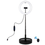 PULUZ Lumières vidéo LED anneau incurvé 10,2 pouces 26cm USB 3 modes, température de couleur double, gradable, pour vlogging, selfie, photographie, avec télécommande Bluetooth, support de bureau pliable et pince téléphone