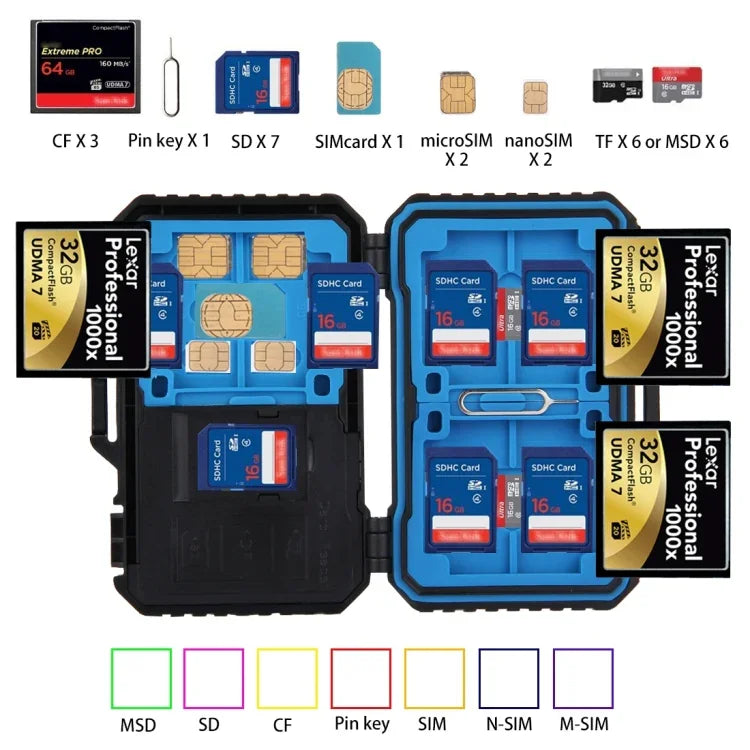 Lecteur de cartes PULUZ + étui pour cartes mémoire 22 en 1 pour 1 carte SIM standard + 2 cartes Micro-SIM + 2 cartes Nano-SIM + 3 cartes CF + 7 cartes SD + 6 cartes TF + 1 broche d'éjection, 22 en 1 + lecteur de cartes