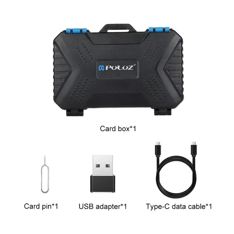 Lecteur de cartes PULUZ + étui pour cartes mémoire 22 en 1 pour 1 carte SIM standard + 2 cartes Micro-SIM + 2 cartes Nano-SIM + 3 cartes CF + 7 cartes SD + 6 cartes TF + 1 broche d'éjection, 22 en 1 + lecteur de cartes