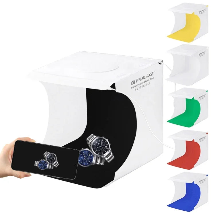 PULUZ 20cm Comprend 2 panneaux LED, kit de studio photo pliable et portable de 1100 lm avec 6 fonds de couleur (noir, blanc, jaune, rouge, vert, bleu), dimensions déplié : 24 cm x 23 cm x 23 cm, 20 cm (2 LED/RU), 20 cm (2 LED)