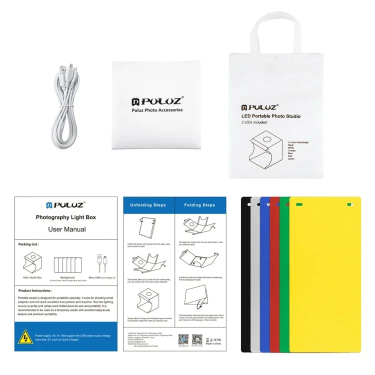 PULUZ 20cm Comprend 2 panneaux LED, kit de studio photo pliable et portable de 1100 lm avec 6 fonds de couleur (noir, blanc, jaune, rouge, vert, bleu), dimensions déplié : 24 cm x 23 cm x 23 cm, 20 cm (2 LED/RU), 20 cm (2 LED)