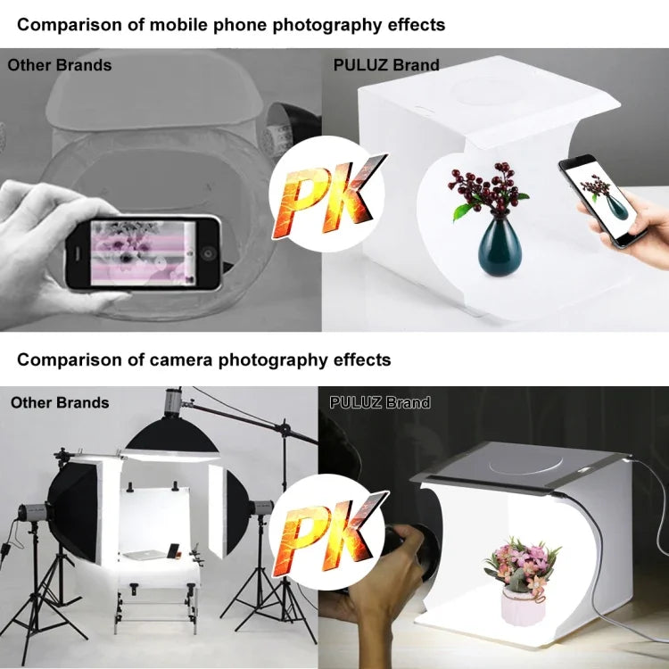 PULUZ 20cm Comprend 2 panneaux LED, kit de studio photo pliable et portable de 1100 lm avec 6 fonds de couleur (noir, blanc, jaune, rouge, vert, bleu), dimensions déplié : 24 cm x 23 cm x 23 cm, 20 cm (2 LED/RU), 20 cm (2 LED)