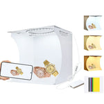 Kit de studio photo portable pliable avec panneau LED annulaire PULUZ de 23 cm, comprenant une tente et 6 fonds de couleur (noir, blanc, jaune, rouge, vert, bleu). Dimensions déplié : 24 cm x 23 cm x 23 cm. Panneau LED annulaire de 23 cm.