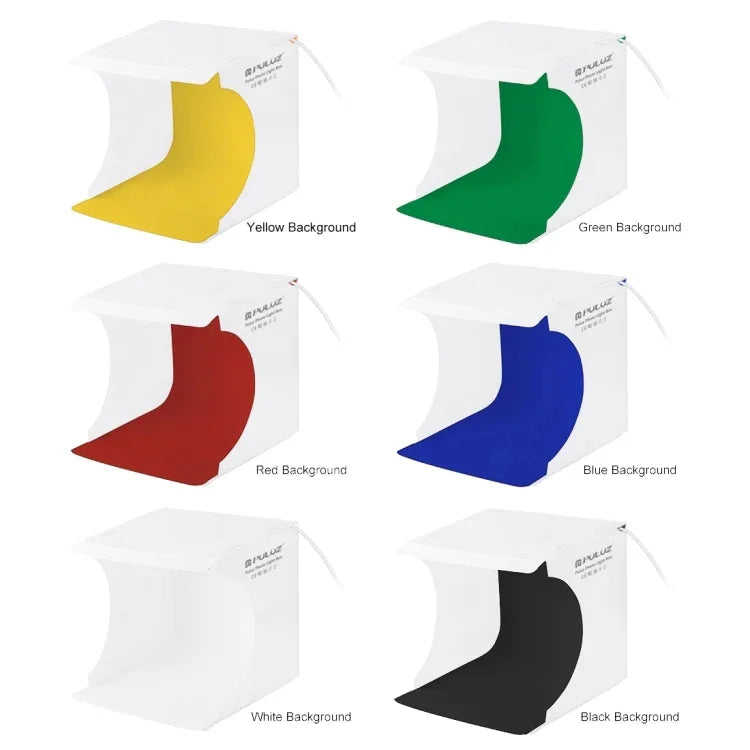 Kit de studio photo portable pliable avec panneau LED annulaire PULUZ de 23 cm, comprenant une tente et 6 fonds de couleur (noir, blanc, jaune, rouge, vert, bleu). Dimensions déplié : 24 cm x 23 cm x 23 cm. Panneau LED annulaire de 23 cm.