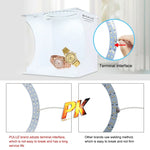 Kit de studio photo portable pliable avec panneau LED annulaire PULUZ de 23 cm, comprenant une tente et 6 fonds de couleur (noir, blanc, jaune, rouge, vert, bleu). Dimensions déplié : 24 cm x 23 cm x 23 cm. Panneau LED annulaire de 23 cm.