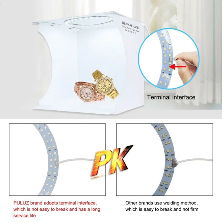 Kit de studio photo portable pliable avec panneau LED annulaire PULUZ de 23 cm, comprenant une tente et 6 fonds de couleur (noir, blanc, jaune, rouge, vert, bleu). Dimensions déplié : 24 cm x 23 cm x 23 cm. Panneau LED annulaire de 23 cm.