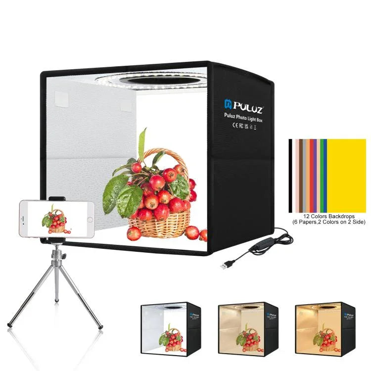 PULUZ Anneau lumineux pliable et portable de 25 cm avec 3 modes et double température de couleur, idéal pour les prises de vue en studio. Comprend 6 fonds de couleur double face. Dimensions : 25 cm x 25 cm x 25 cm. Boîte noire.