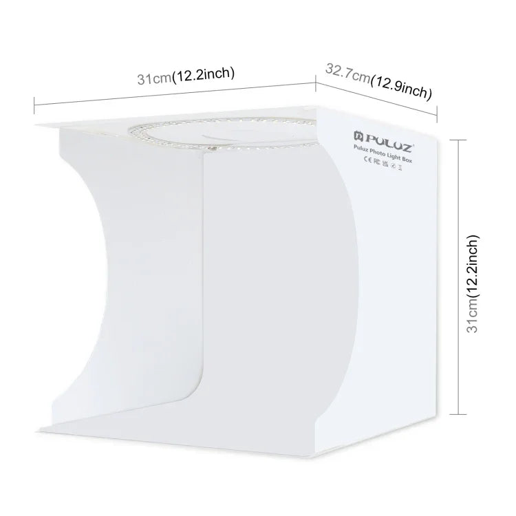 Kit de studio photo portable et pliable PULUZ avec anneau lumineux de 30 cm et 6 fonds de couleur (noir, blanc, jaune, rouge, vert, bleu). Dimensions déplié : 31 cm x 31 cm x 32 cm. Boîte de 30 cm.
