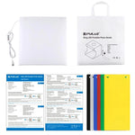 Kit de studio photo portable et pliable PULUZ avec anneau lumineux de 30 cm et 6 fonds de couleur (noir, blanc, jaune, rouge, vert, bleu). Dimensions déplié : 31 cm x 31 cm x 32 cm. Boîte de 30 cm.
