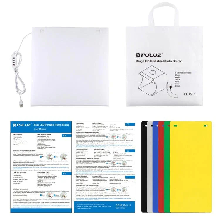 Kit de studio photo portable et pliable PULUZ avec anneau lumineux de 30 cm et 6 fonds de couleur (noir, blanc, jaune, rouge, vert, bleu). Dimensions déplié : 31 cm x 31 cm x 32 cm. Boîte de 30 cm.