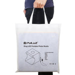 Kit de studio photo portable et pliable PULUZ avec anneau lumineux de 30 cm et 6 fonds de couleur (noir, blanc, jaune, rouge, vert, bleu). Dimensions déplié : 31 cm x 31 cm x 32 cm. Boîte de 30 cm.