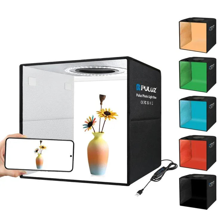 Kit de studio photo PULUZ avec anneau lumineux pliable de 30 cm et 6 fonds de couleur (noir, blanc, orange, rouge, vert, bleu), boîte noire de 30 cm.