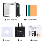 Kit de studio photo PULUZ avec anneau lumineux pliable de 30 cm et 6 fonds de couleur (noir, blanc, orange, rouge, vert, bleu), boîte noire de 30 cm.