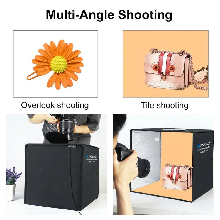 Kit de studio photo PULUZ avec anneau lumineux pliable de 30 cm et 6 fonds de couleur (noir, blanc, orange, rouge, vert, bleu), boîte noire de 30 cm.