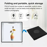 Kit de studio photo PULUZ avec anneau lumineux pliable de 30 cm et 6 fonds de couleur (noir, blanc, orange, rouge, vert, bleu), boîte noire de 30 cm.