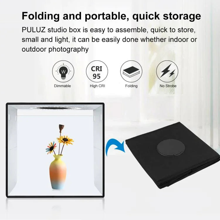 Kit de studio photo PULUZ avec anneau lumineux pliable de 30 cm et 6 fonds de couleur (noir, blanc, orange, rouge, vert, bleu), boîte noire de 30 cm.