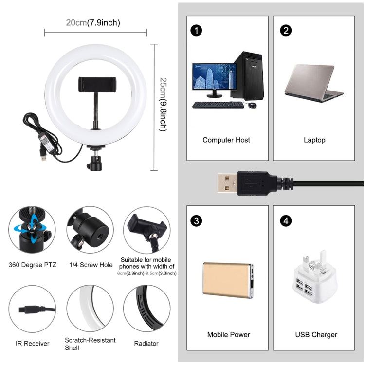 PULUZ Lumières vidéo LED anneau incurvé 7,9 pouces 20cm USB RGB, température de couleur double, gradable, pour vlogging, selfie, photographie, avec pince téléphone, 7,9 pouces RGBW