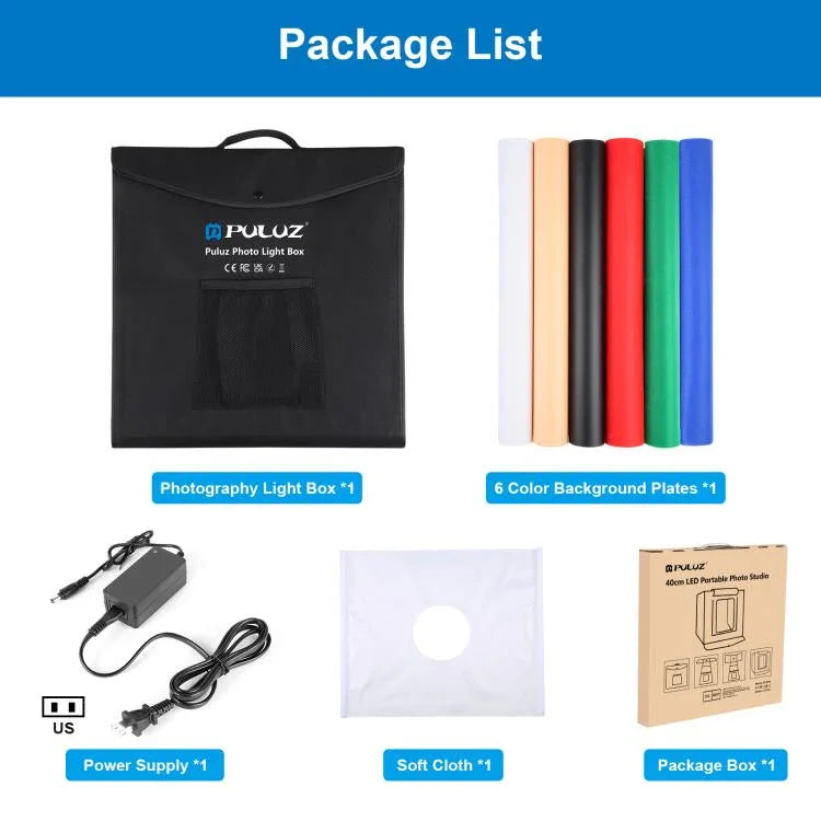PULUZ Tente de Studio Photo Pliable Portable 40cm avec Lumière Blanche Dimmable, Kit de Boîte de Prise de Vue avec 6 Couleurs de Fonds (Noir, Orange, Blanc, Rouge, Vert, Bleu), Boîte de 40cm (US), Boîte de 40cm (UK), Boîte de 40cm (EU), Boîte de 40cm (AU)